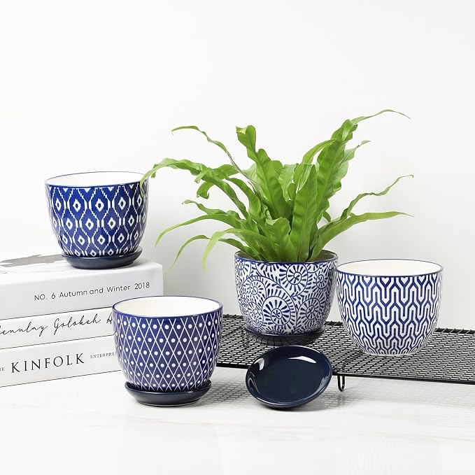 Selamica Ceramic Succulent Pots, 4.6 Inch Small Plant Pots with Drainage Holes & Saucers, Succulent Planters for Indoor Plants Cactus, Home Decor, Set of 6, Vintage Blue