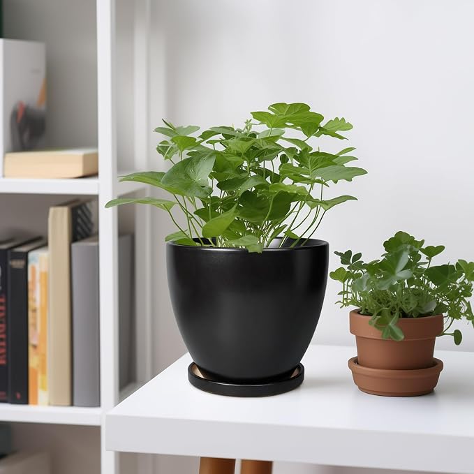 Ceramic Pots for Plants - 6.8 Inch Plant Pot with Drainage Hole and Saucer, Succulent Round Flower Planters for Indoor, Home Decor, Black