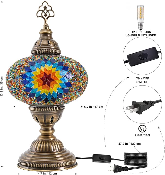 Turkish Mosaic Lamp with Bulb – Handmade Star Fire Stained Glass Table Light, Antique Bohemian Vintage Decor for Bedroom or Living Room, E12 Socket
