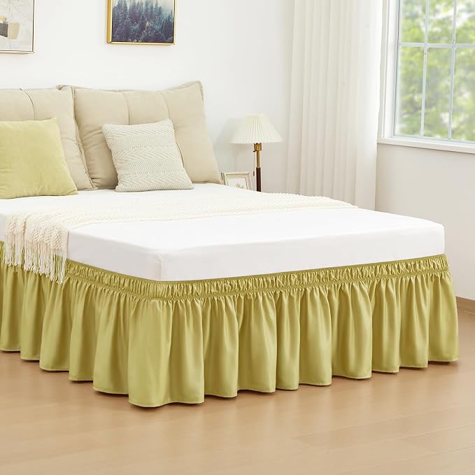Gold Green Bed Skirt Queen Size 15" Drop, Elastic Wrap Around Bedskirt | Solid Ruffled, Easy to Use, No Mattress Lifting, Wrinkle & Fade Resistant, with Adhesive Strips, Machine Wash/Dry/Iron
