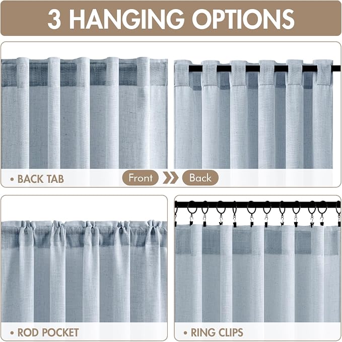 MIULEE Blue Back Tab Linen Curtains 4 Panels 42W x 108L | Linen material, light filtering, rod pocket back tab hanging, farmhouse decor for living room bedroom
