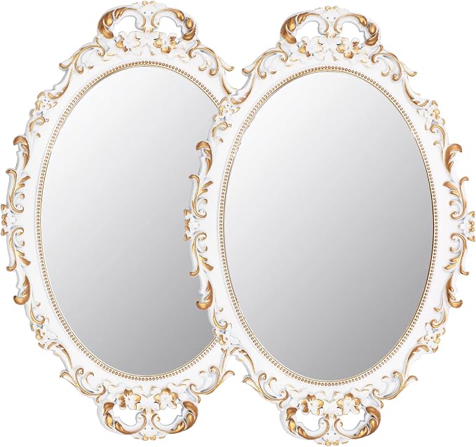 Tstarer 2 Pack - Vintage Decorative White Framed Mirror, Wall Hanging Mirrors & Tabletop Tray for Bedroom Living Room Dresser Decor, Oval- 9.6" W x 14.3" L (WHITE-2PACK)