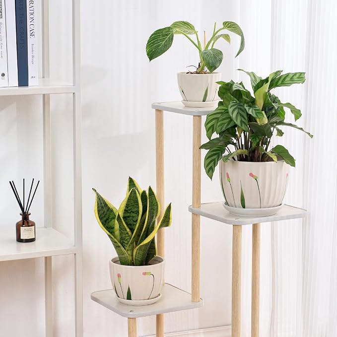 STHIE 4/5/6 Inches White Ceramic Plant Pots with Drainage Holes and Saucer | Set of 3 Round Planter for Small Indoor/Outdoor Plants with Modern Stripes Design, White Floral , Decorative Flower Pots