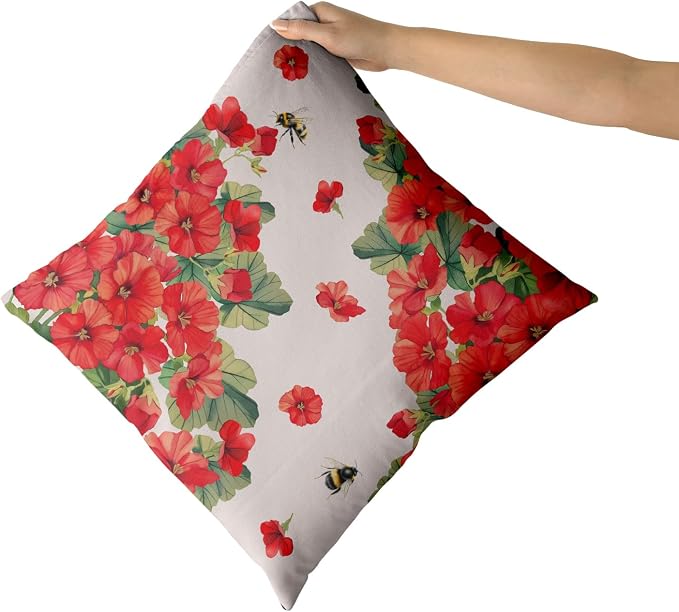 Giwawa 2PCs Geranium Throw Pillow Covers, 16"x16" Spring Summer Red Floral Bees Decorative Cotton Pillow Cases, Watercolor Flower Blossom Square Cushion Cover Sofa Couch Porch Living Room