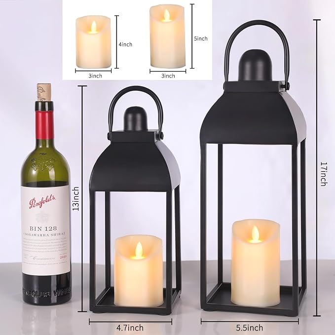 Lanterns Decorative Outdoor Indoor, 17'' 13'' Black Metal Outdoor Lanterns | Set of 2 Modern Farmhouse Candle Lantern Decor Rustic Lanterns Centerpieces for Patio, Front Porch, Mantel, Wedding, No Glass