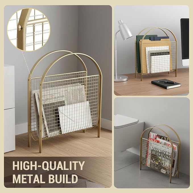 MyGift Mid Century Brass Tone Metal Mesh Magazine Rack Storage Basket | Freestanding Tabletop Organizer, Keeps Reading Materials Accessible, Open Wire Construction, Space Saving, Living Room Décor