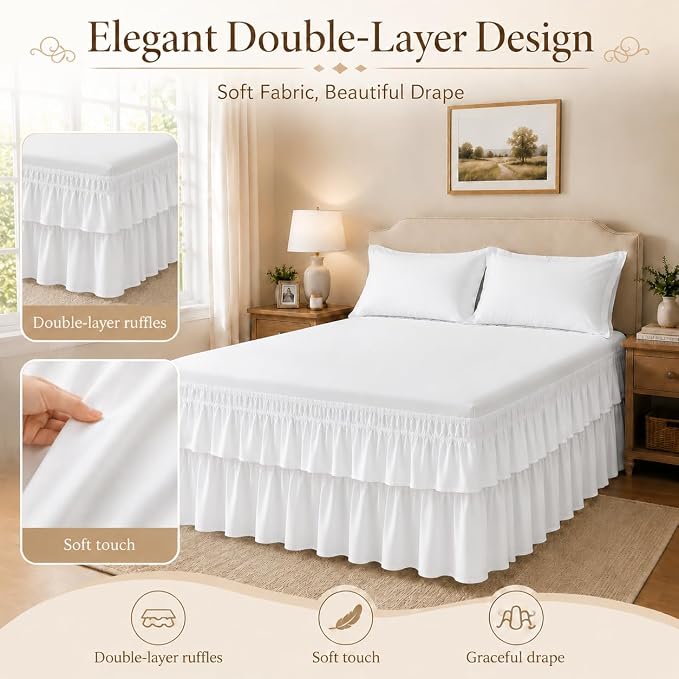 Vocander White Queen Bed Skirt 14 Inch Drop, Double Layer Dust Ruffle | Hides Storage, Double Layer Ruffle, Elastic Stays Put, Soft Fabric, Machine Washable, Elegant Look