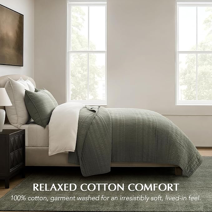 EVERGRACEHOME 100% Cotton Modern Lines Quilt Set King Size, Olive Green | Pre-Washed Soft Cotton, Striped Coverlet Bedspread, 3 Piece Lightweight Bedding Set for All Season, with 2 Pillow Shams