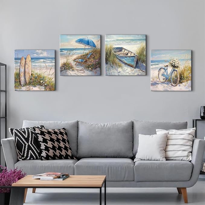 Coastal Beach Canvas Wall Art Seaside Landscape Wall Decor for Bathroom Beachy Chair Boat Flower Bike Sea Reed Picture Living Room Ocean Seascape Poster Bedroom Kitchen Home Decorations 16x16" 4P