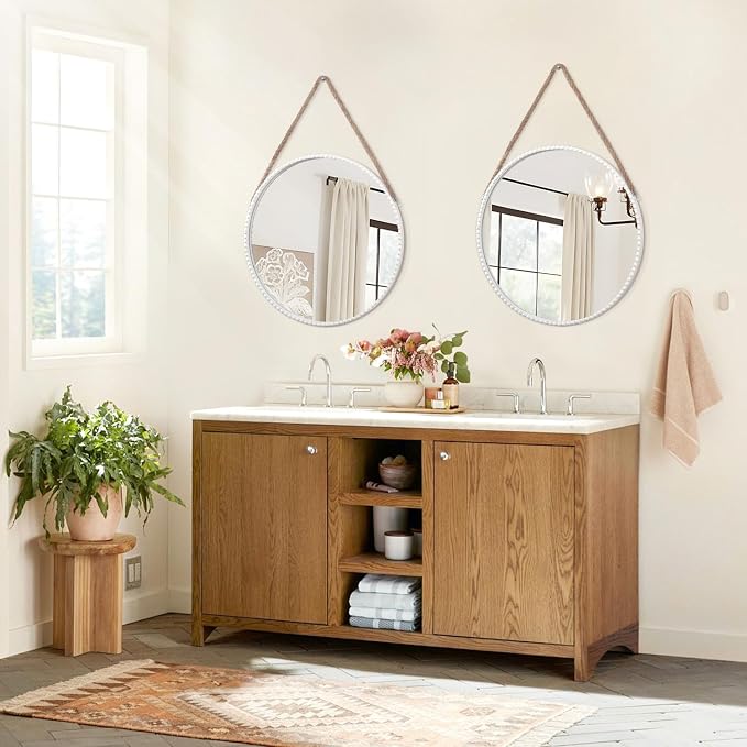 Hanging Circle Mirror Modern Metal Framed Round Mirrors Wall Decorative Rope Hanging Mirrors with Bead for Living Room Entryway Bathroom Bedroom White 18"