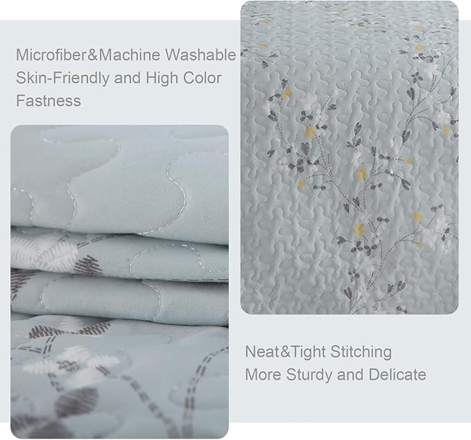 Exclusivo Mezcla Reversible Boho California King Quilt, Light Blue | Lightweight Soft Bedspreads, All Season Flowers Coverlet Bedding Set, Printed Floral Pattern, 1 Quilt and 2 Pillow Shams