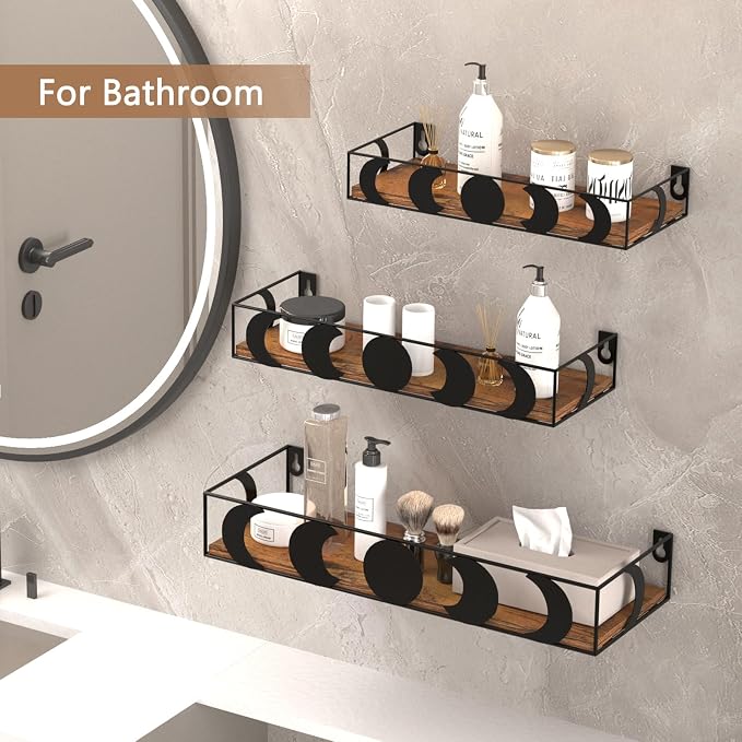 PHAREGE Black and Brown Moon Phase Floating Wall Shelves Set of 3