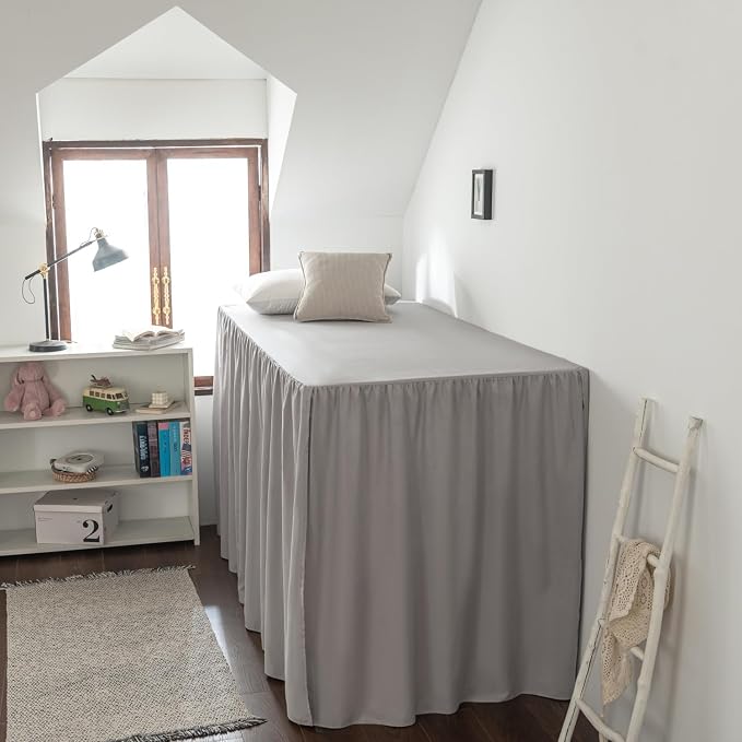 Dorm Bed Skirt Twin XL 46 Inch Drop Length | Light Grey, Ruffled Pattern College Dorm Room Bed Skirts - Split Corner, Easy Care, Microfiber Bed Skirt
