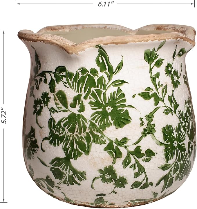 Xiaan Jiaju Tuscan Ceramic Plant Pots, Vintage Planter & Vase with Drainage | 6.11" Decorative Vases and Flower Pots for Indoor Plants, Farmhouse Home Kitchen Garden Decor, Plant Lover Gifts, Green