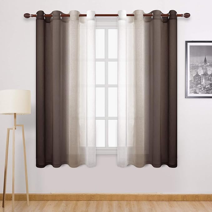 DWCN Ombre Sheer Curtains - Faux Linen Semi Voile Gradient Bedroom and Living Room Curtains, Set of 2 Grommet Top Window Drape Panels, 52 x 63 Inch Length, Chocolate Brown