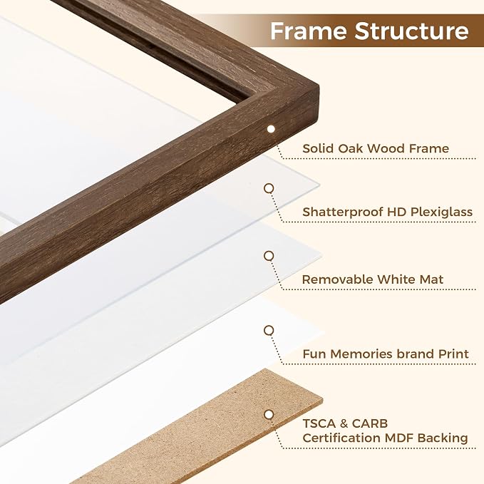 Fun Memories 12x16 Picture Frame, Solid Oak Wood Modern Photo Frame for Wall 12x16 with 8.5x11 Mat, High Definition Plexiglass & Wall Hook Included (Walnut, 3 Pack)