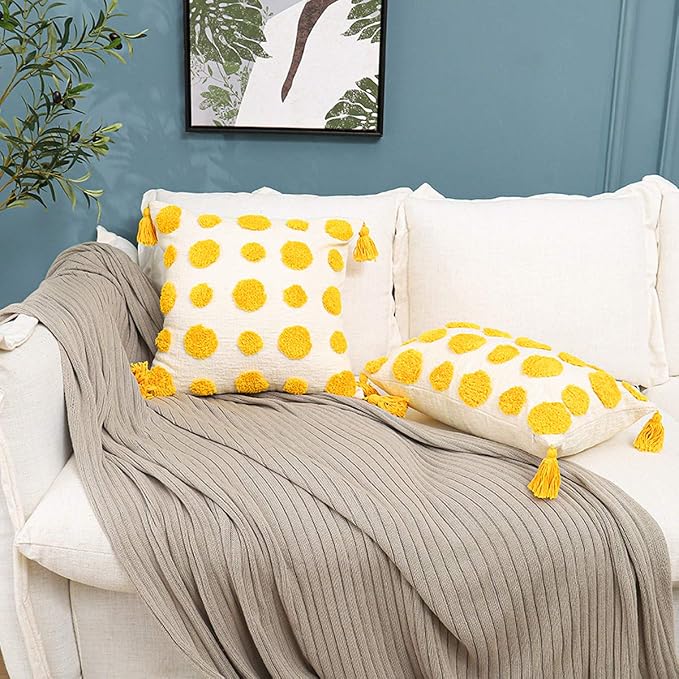 PLWORLD Boho Yellow Lumbar Pillow Cover 12x20, Tufted Cream Chenille Case with Pom Poms & Tassels, 1PC Cover Only, No Insert