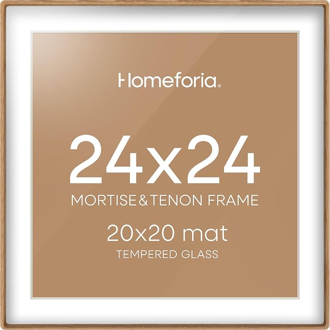 Homeforia 24x24 Mortise&Tenon Natural Oak Picture Frame, 20x20 Mat, Glass