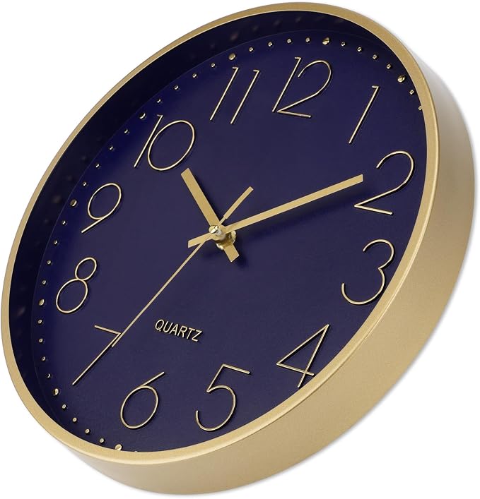Foxtop 12" Modern Wall Clock Silent Battery Operated Metal Gold Clock | Dark Blue Dial, Non-Ticking, Round, Analog Clock, Quartz, Easy to Read, Living Room, Bedroom, Kitchen, Office