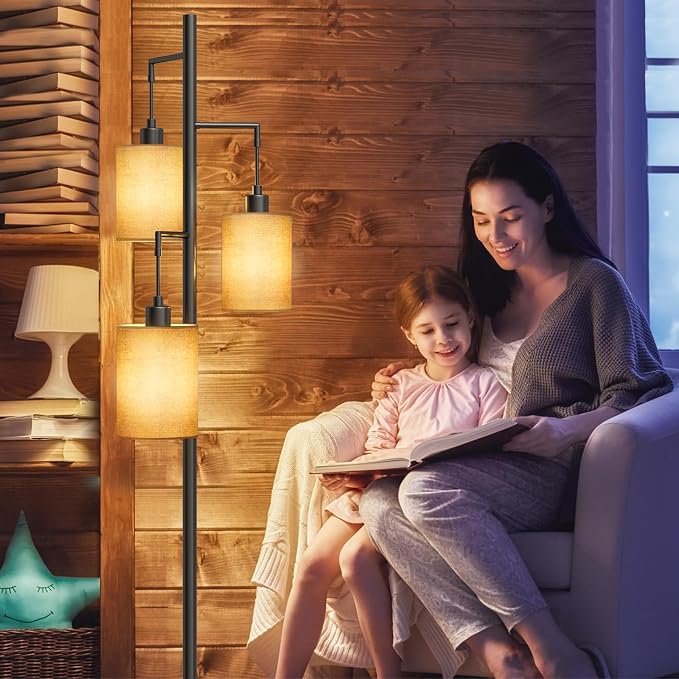 3 Lights Boho Floor Lamps with ON/Off Foot Switch Tree Standing Lamp with Hanging Lampshades Farmhouse Floor Lamp Tall Pole Lamp for Living Room Bedroom Office, 3 PCS 6W Bulbs Included
