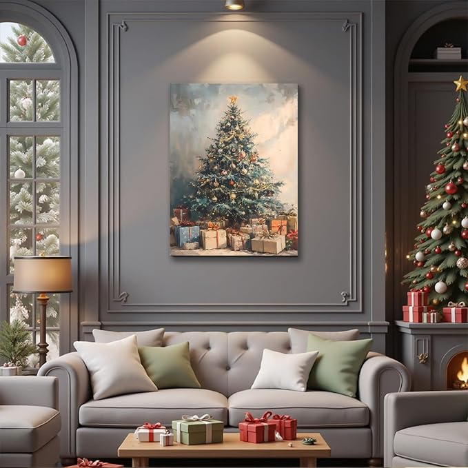 Framed Vintage Canvas Wall Art, Rustic Winter Evergreen Tree Pictures 16x24inch Pine Tree with Gifts Wall Decor for Kitchen, Bathroom, Room Decor Perfect for Winter, Christmas Decoration