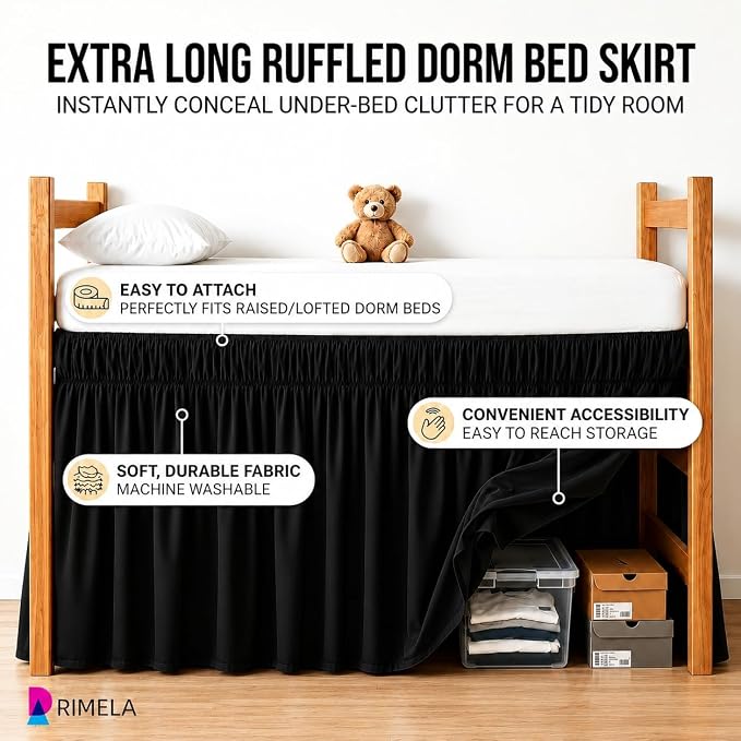 Dorm Room Bed Skirt Twin XL 22" Drop, College Split Corner Bedskirt, Black | Solid ruffled, Wrap-around/elastic, Wrinkle & Fade resistant, with Adhesive Strips, Gift Packed, Machine Wash/Tumble Dry/Iron