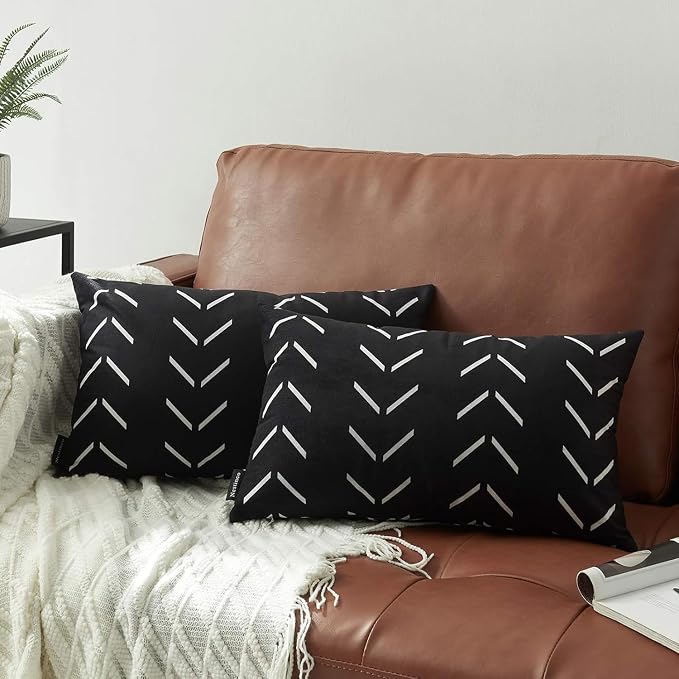 Set of 2 Black Lumbar Pillow Covers 12 x 20 inches Boho Aztec Polyester Blend Decorative Throw Pillow Covers for Sofa Couch Bed Decor