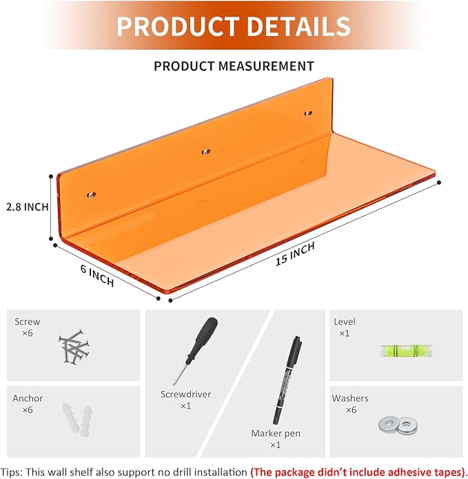 Sezanrpt 15 Inches Orange Acrylic Wall Shelves 2 Pack, L Shape Floating Shelf, Perspex Wall Mounted Shelves for Home Décor, Model Car, Candle, Calendar, Towel, Tissue