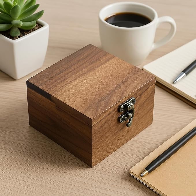 Handcrafted Walnut Wood Keepsake Box – 4.3 x 4.3 x 2.5 inch – Jewelry, Watch & Gift Storage Box – Rustic Wooden Box for Wedding, Birthday, Christmas