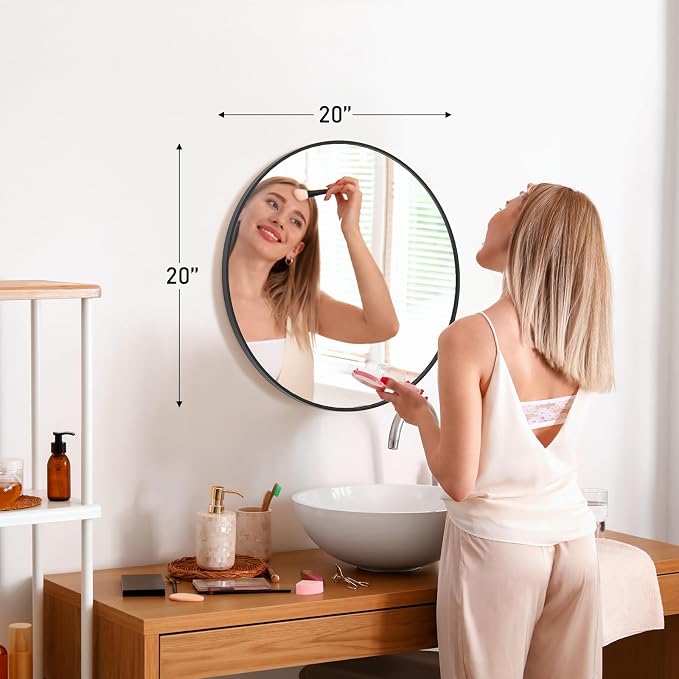 NEWBULIG 20 Inch Round Wall Mirror, Bathroom Mirrors for Over Sink | Metal Framed Circle Vanity Mirror, Wall Decor for Bedroom, Entryway, Anti-Rust, Tempered Glass, Hanging or Leaning, Black