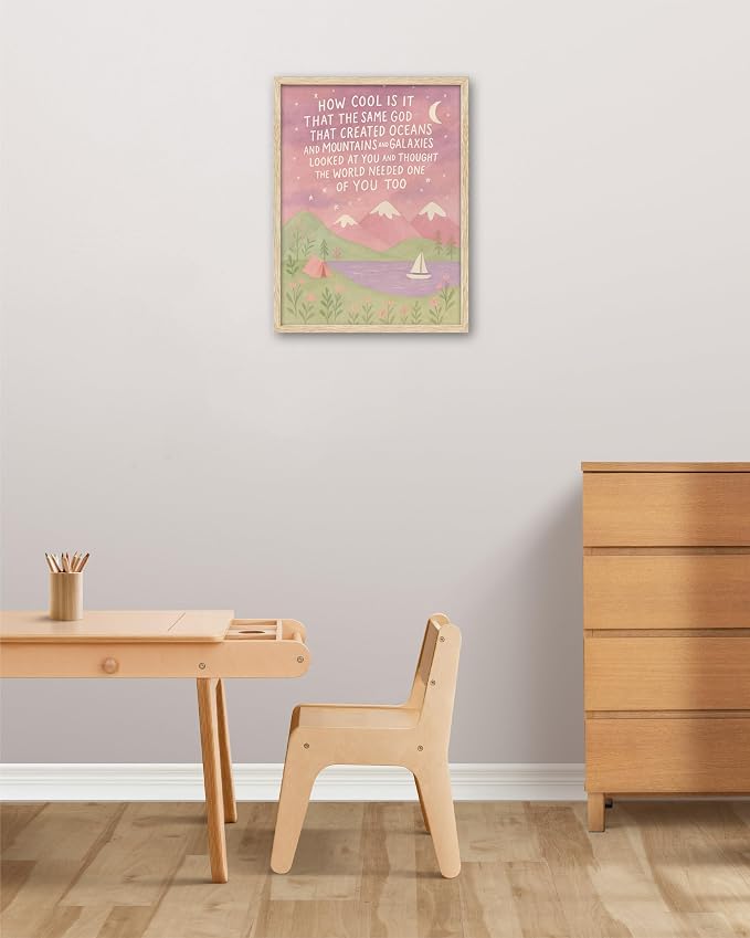 KensTro 12x16in Same God Creation Inspirational Christian Kids Wall Art,Natural OAK Wood Frame with Mountain Canvas Print,Girl First Communion and Baptism Gift for Girls,Nursery Toddler Girly Bedroom,Apartment Dorm Decoration Adoption Gifts,1Pack Pink