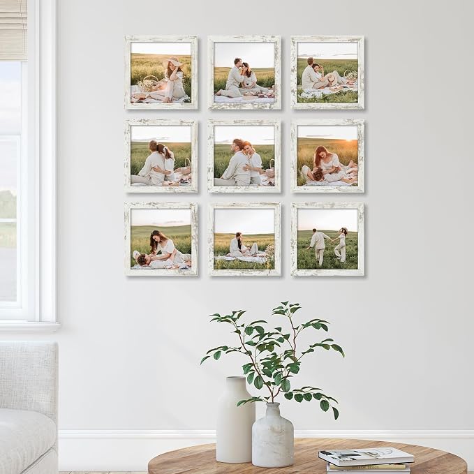 YESKAY 8x8 Picture Frame Set of 9, Photo Gallery Wall Frame Set, Display Pictures 4x4 with Mat or 8 x 8 Without Mat, Square Frame Picture Frames Collage Wall decor, Distressed White
