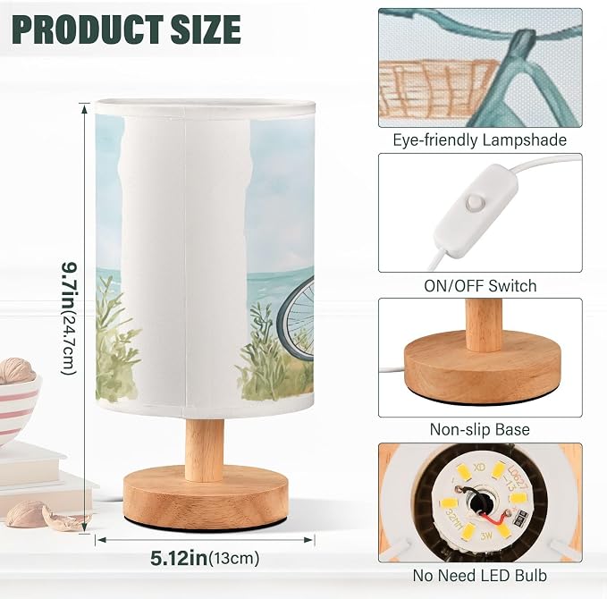 Bedside Lamp Bike Bicycle Flower Coast Table Lamp for Bedroom LED Nightstand Lamp Shade USB Ports Wood Base for Living Room Dorm Office