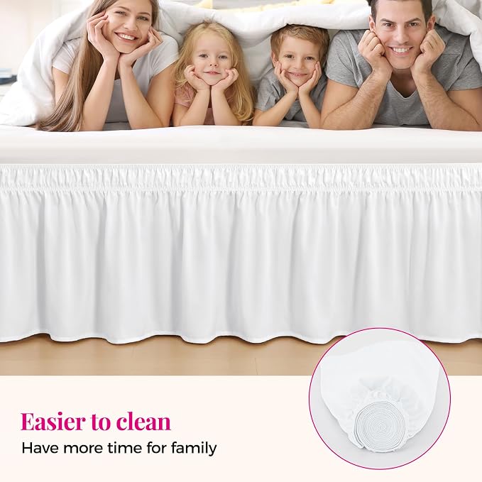 Bright White Bed Skirt Twin Size 15" Drop, Elastic Wrap Around Bedskirt | Solid Ruffled, Easy to Use, No Mattress Lifting, Wrinkle & Fade Resistant, with Adhesive Strips, Machine Wash/Dry/Iron