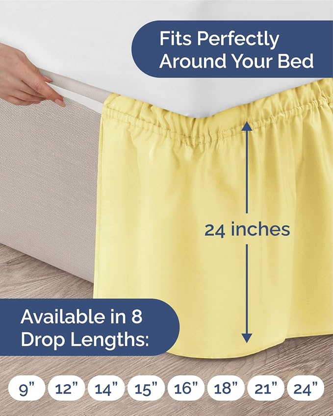 Wrap Around Dust Ruffle Bed Skirt, Queen Size Beds - 24 Inch Drop, Yellow | Easy Fit Elastic Strap, Adjustable Pleated Bedskirt w/Brushed Fabric, Wrinkle & Fade Free, for Women, Men, Kids & Teens