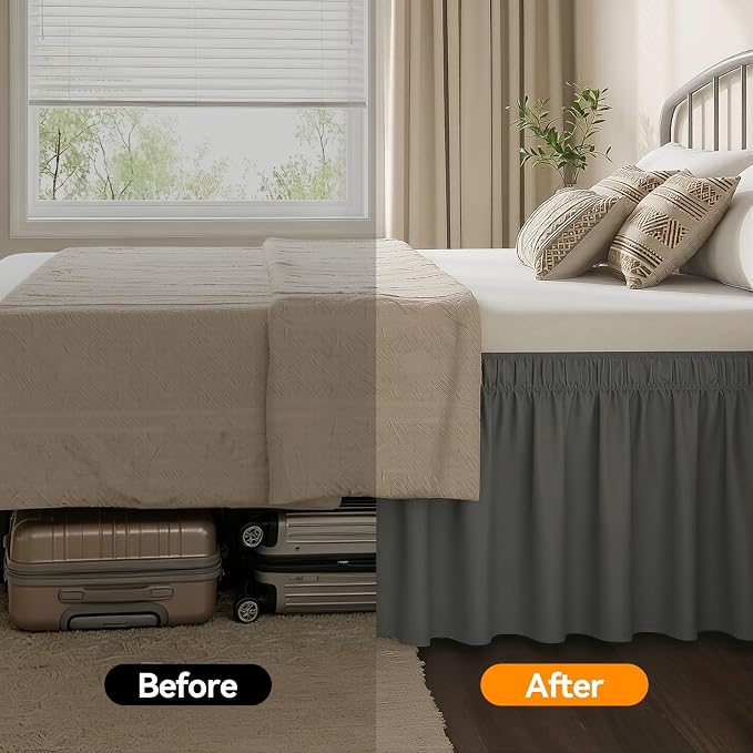 Vocander Dark Gray Queen Bed Skirt 18 Inch Drop, Elastic Wrap Dust Ruffle | Hides Underbed Storage, No Mattress Lifting, Elastic Stays Put, Soft Fabric, Machine Washable, Polished Look