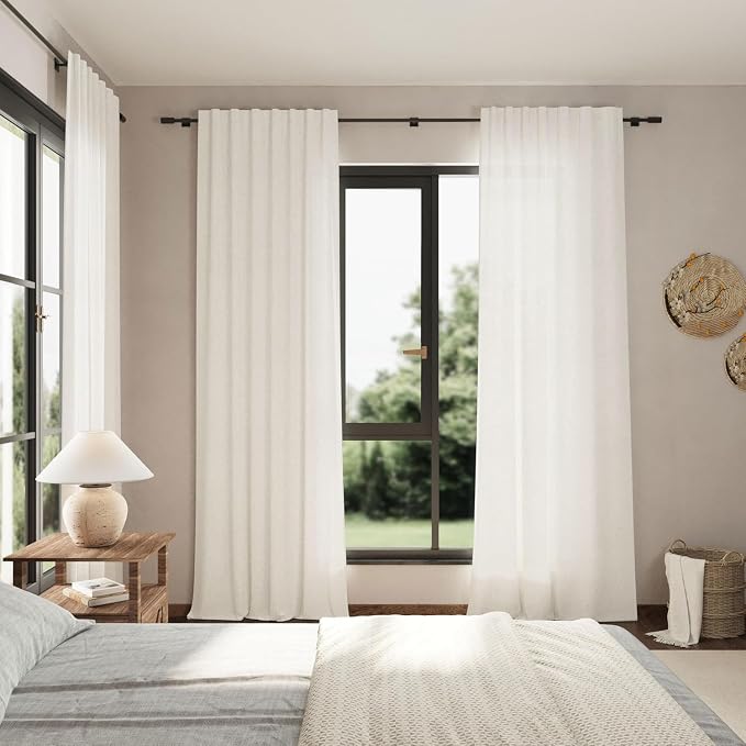 Beige White Linen Curtains for Living Room 86 Inches Long Back Tab and Rod Pocket Light Filtering Semi Sheer Curtain Rustic Farmhouse Decor Luxury Drapes for Bedroom Office 52x86, 2 Panels