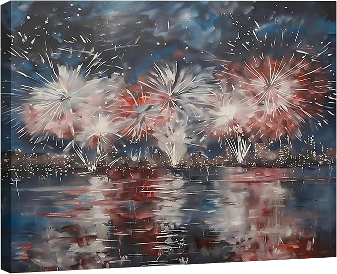 Patriotic 4th of July Fireworks Framed Canvas Wall Art, Red White Blue City Night Skyline Painting, Independence Day Holiday Decor for Living Room, Bedroom, Kitchen and Home Decoration