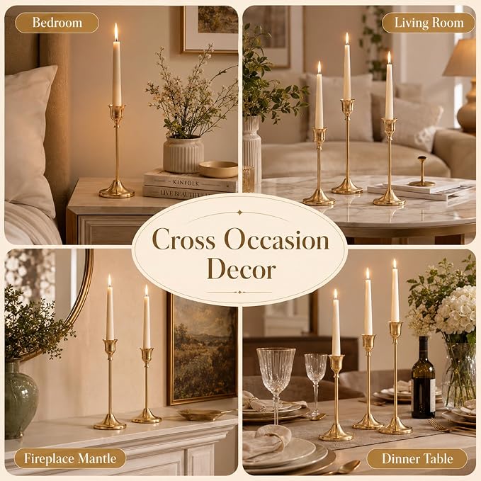 12 Pcs Brass Gold Taper Candle Holders Set, Tall Taper Candlestick Holders Vintage Metal Candle Stick Holder for Wedding Party Table Centerpiece Festive Christmas Mantel Decoration, Gold