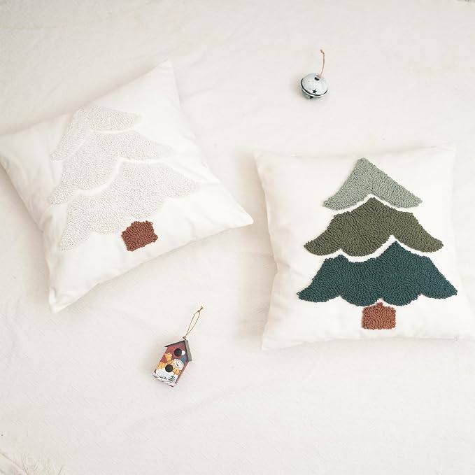 GEEORY Christmas Pillow Covers 18x18 Inch, Canvas Embroidered Xmas Tree Throw Pillows Farmhouse Winter Holiday Decor Cushion Case for Sofa & Bed Home Decorations (Beige) GX004-1-18