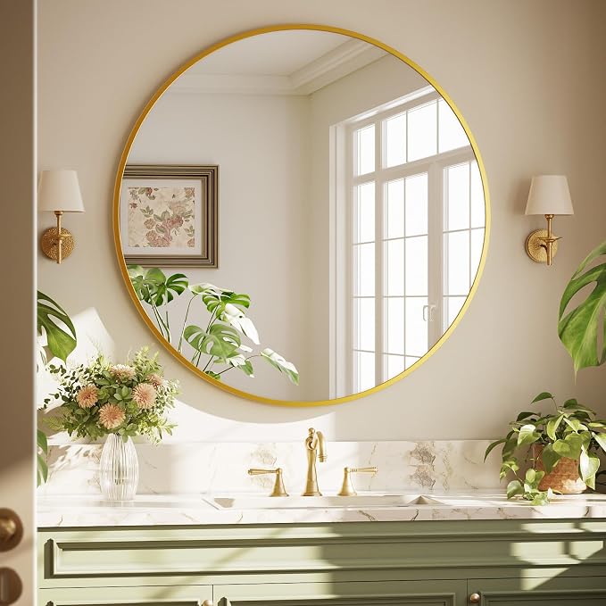XRAMFY 40 Inch Round Mirror - Gold Circle Mirrors for Bathroom, Entryway | Modern Hanging Vanity Mirror, Aluminum Alloy Frame Matte Black Circle Decorative Wall Mirror for Living Room Wall Decor