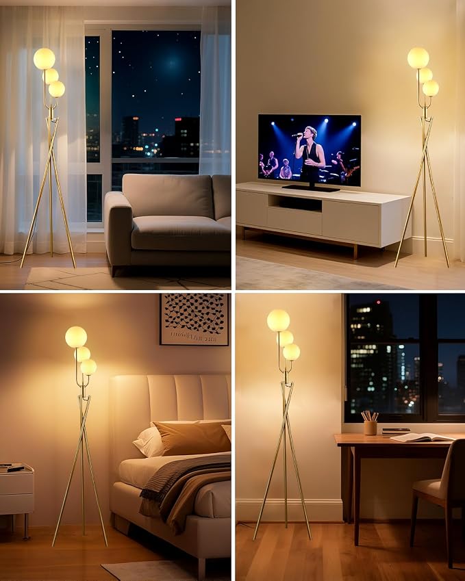 Lightdot Gold Floor Lamp Dimmable Mid Century Tripod Floor Lamp with 3 Pole Lights with 3Pcs 3000K Bulbs Included Tripod Standing Lamps with Stable Base for Living Room/Sofa Beside/Corner Decor