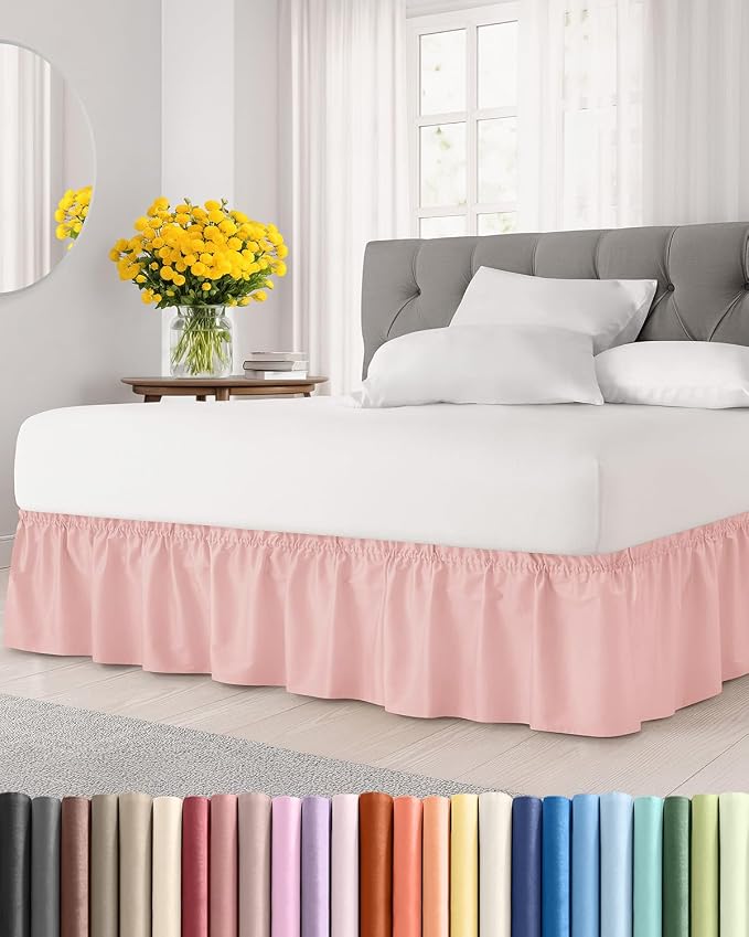 Wrap Around Dust Ruffle Bed Skirt - College Dorm Room - Twin/Twin XL | Baby Pink, 15 Inch Drop, Elastic Strap & Adjustable Pleated Bedskirt, Wrinkle Free, for Women, Men, Students, Kids & Teens