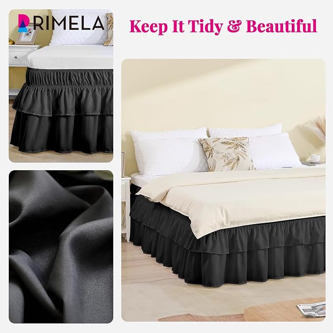 RIMELA Ruffle Bed Skirt Black Queen 15 Inch Drop, Elastic Wrap Around Bed Skirting Queen Size, Easy to Install Dust Ruffle, Machine Washable Soft Fabric, Multi Ruffle Bedskirt