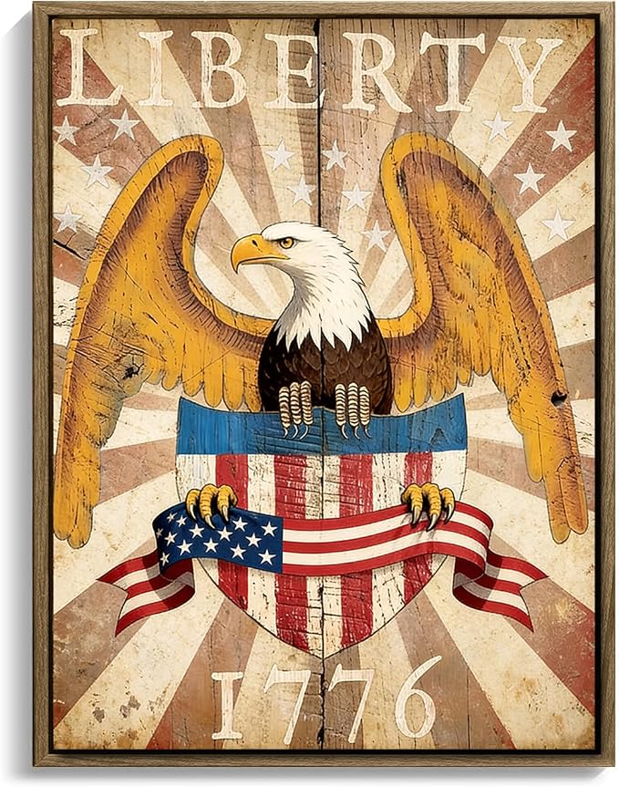 American Flag Framed Canvas Wall Art, 4th of July Patriotic Canvas Prints | USA Flag with Bald Eagle Poster Print, Vintage Independence Day Wall Decor for Bedroom Living Room 11×14in