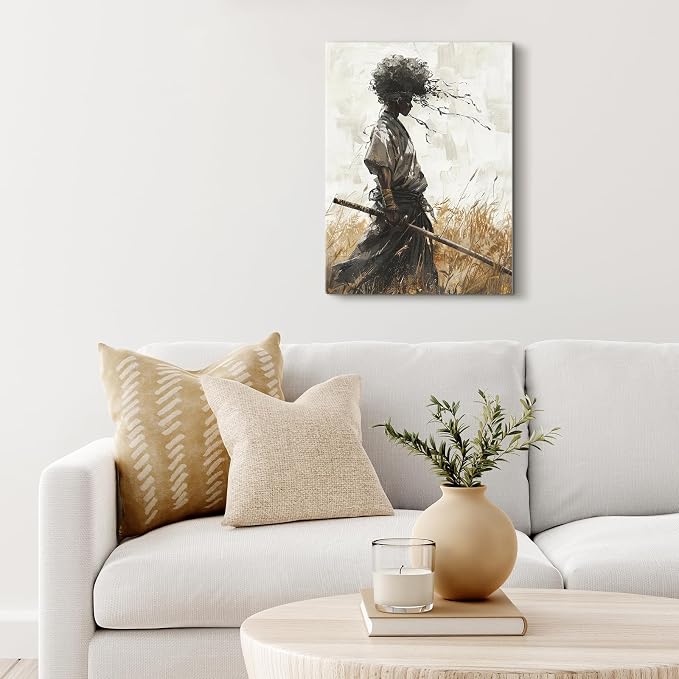 16"x20" African Samurai Canvas – Enigmatic Abstract Warrior Wall Art | Mystic African warrior dons kabuto beneath swirling abstracts. Afrofuturism meets bushido. Hook included, ready to hang.