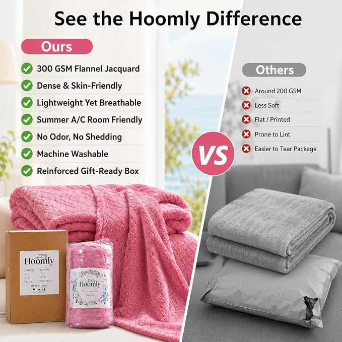 Hoomly Dusty Rose Throw Blanket 60x80 Cozy Fleece for Sofa and Bedroom | Velvety Flannel Feel, Single Layer 3D Jacquard, Couch Bed Office Car Travel, Romantic Decor, Low Shed, Machine Washable