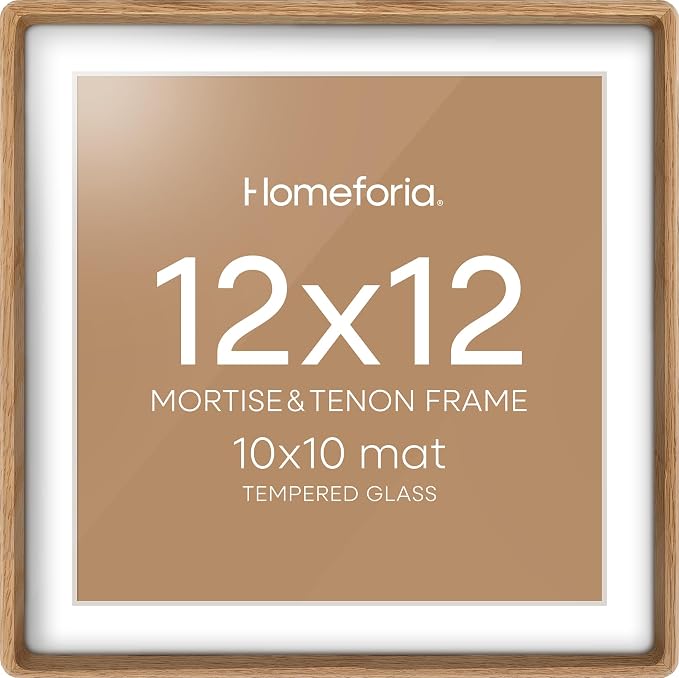Homeforia 12x12 Mortise&Tenon Natural Oak Picture Frame, 10x10 Mat, Glass