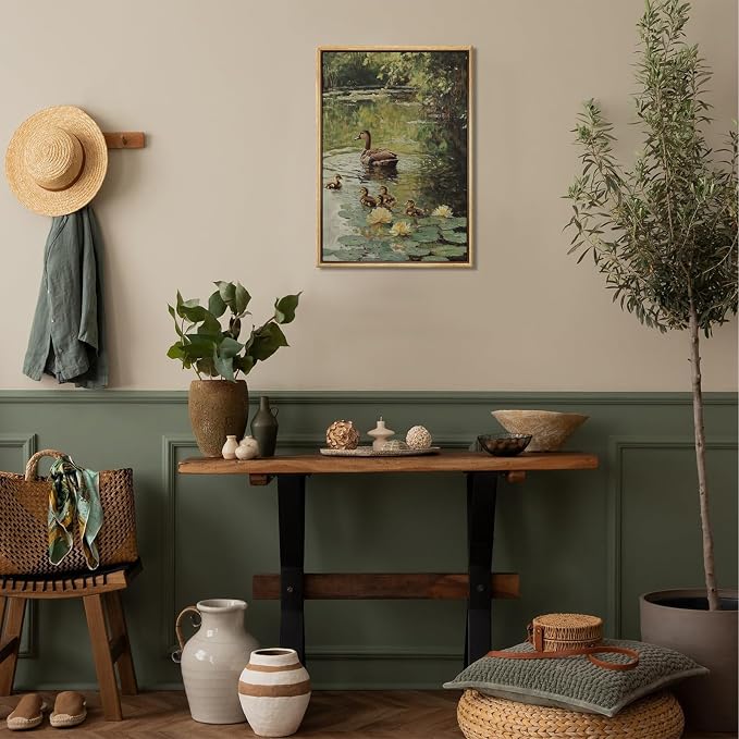 Framed Vintage Duck Canvas Wall Art Farmhouse Wall Decor Pictures Cottagecore Mother Duck Print Wildlife Nature Pond Sage Green Painting for Countryside Farmhouse Nursery Decoration 12x16in