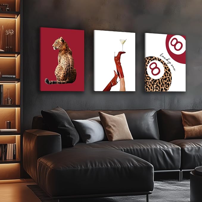 GELDSTEI Wrapped Canvas Trendy Red Cheetah Wall Art Set of 3, 16x24 in | Red Leopard Trendy Wall Decor, Boots Cheetah Lucky 8 Ball Art Prints, Trendy Modern Gift for Bedrooms and Fashion Lovers